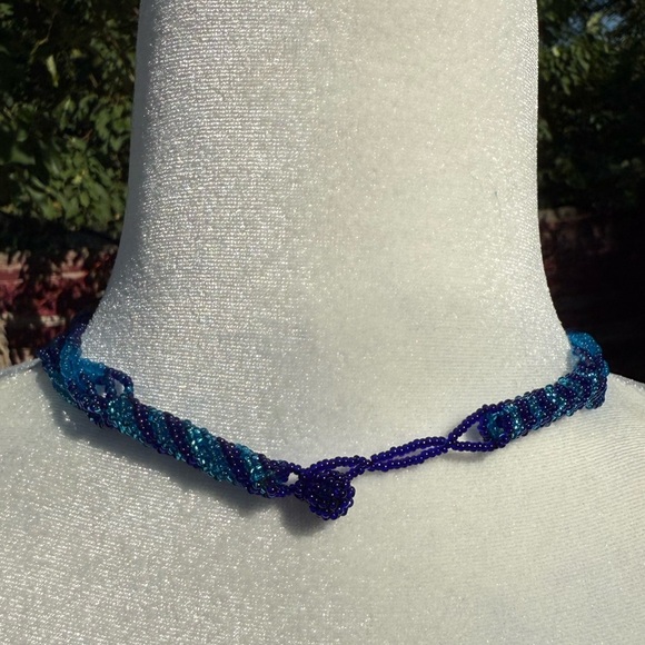 Handmade by Artist Light and Dark Blue Intricate Beaded Necklace - Picture 2 of 6